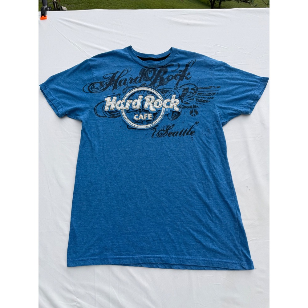 Hard Rock Cafe Seattle Mens Blue Graphic T-Shirt Medium Distressed Logo Tee